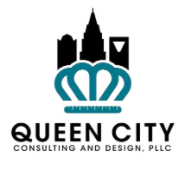 Logo for Queen City Marketing and Design, featuring a stylized blue crown with city buildings in the background and the company name below.