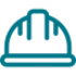Blue outline icon of a construction hard hat viewed from the front.
