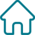 Simple blue outline of a house with a pointed roof, a small chimney, and a centered door.